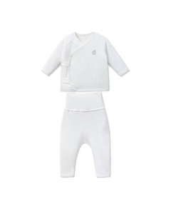 Bộ dài tay cúc lệch La Pomme đường may lật êm ái - Newborn Trắng